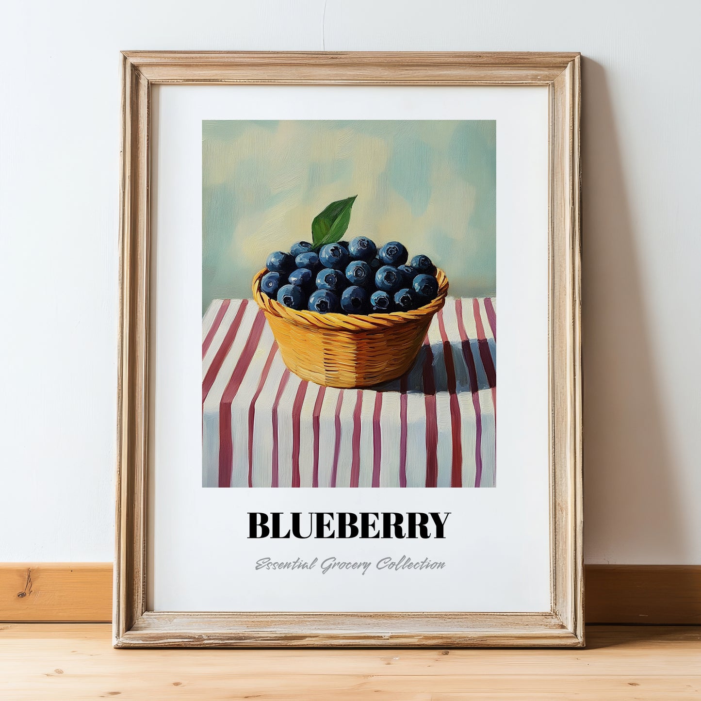Blueberry – on Striped Tablecloth, Berries Poster, in wooden frame leaning on the floor