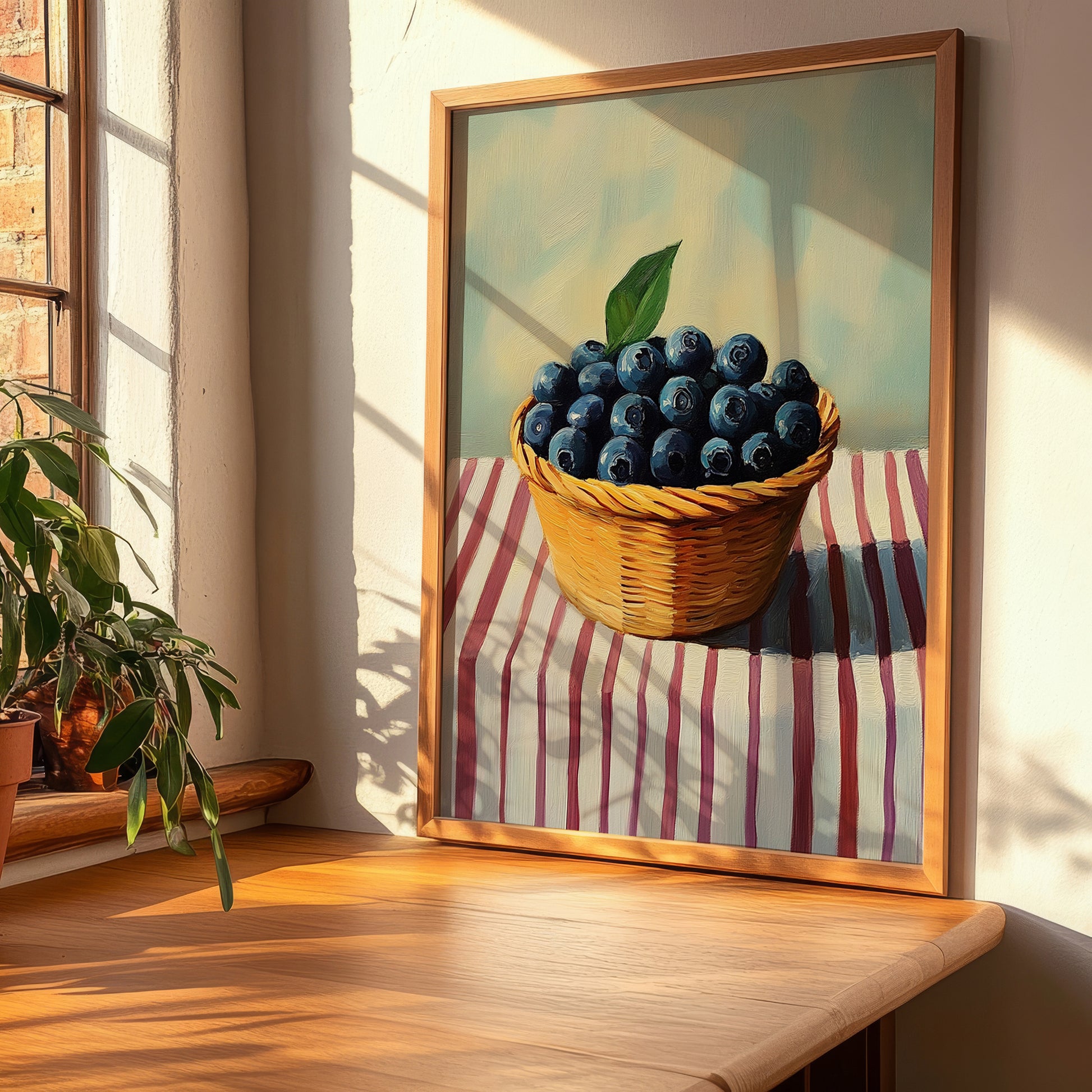 Blueberry – on Striped Tablecloth, Berries Poster, clean layout with no caption