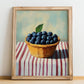 Blueberry – on Striped Tablecloth, Berries Poster, no-text version framed in wood
