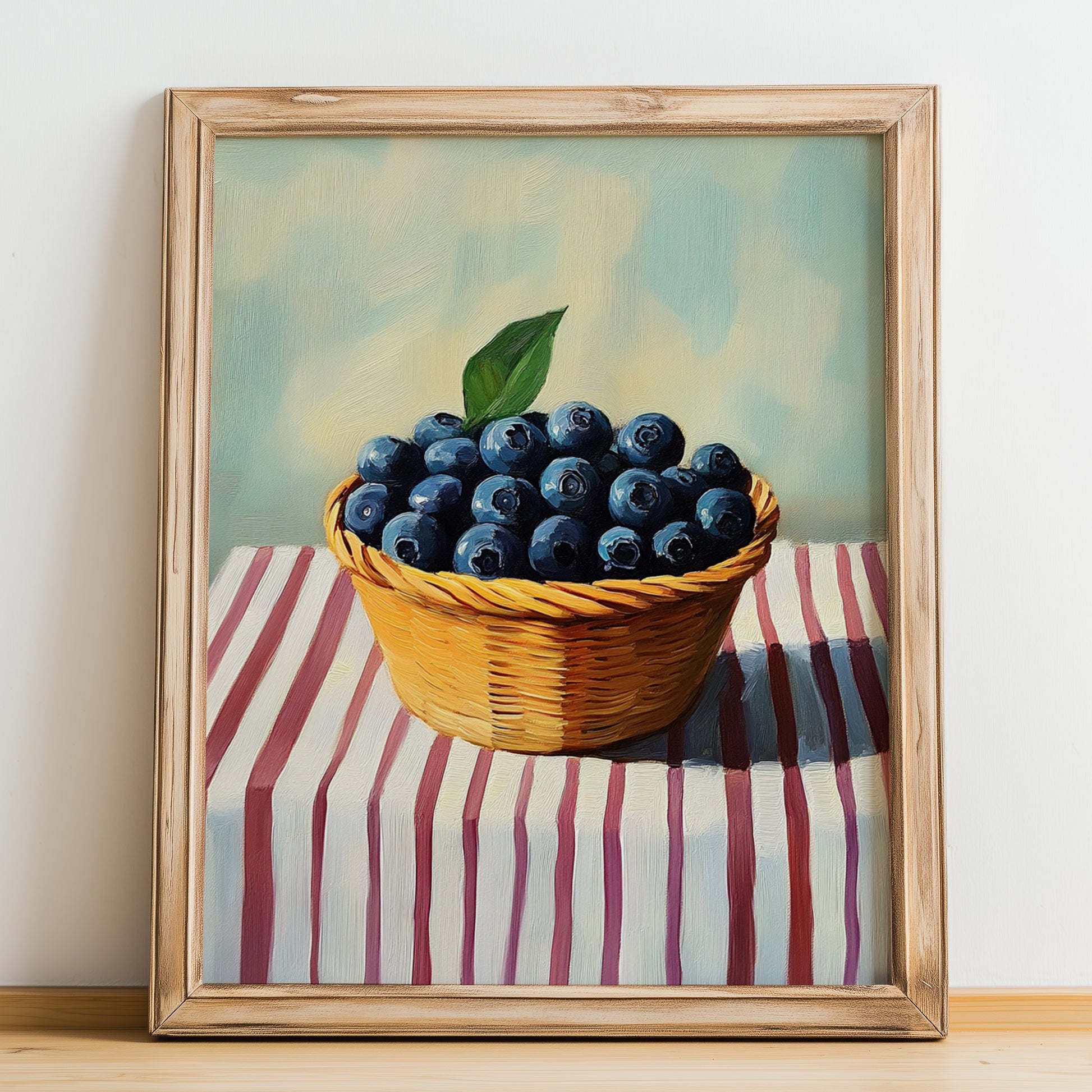 Blueberry – on Striped Tablecloth, Berries Poster, no-text version framed in wood