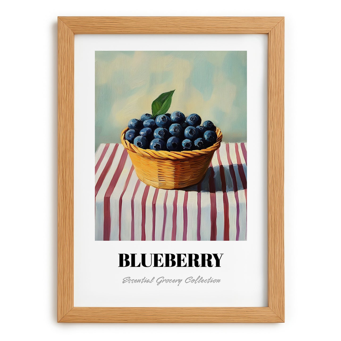 Blueberry – on Striped Tablecloth, Berries Poster, set in oak frame