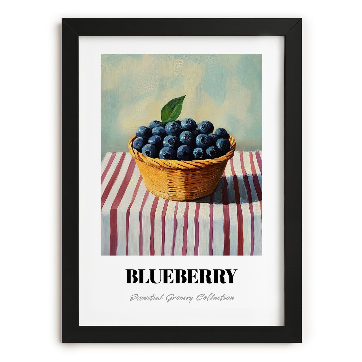 Blueberry – on Striped Tablecloth, Berries Poster, in sleek black frame