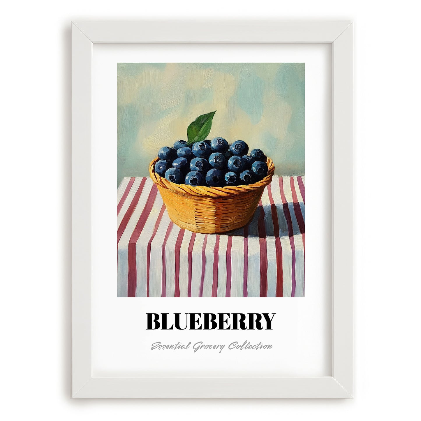 Blueberry – on Striped Tablecloth, Berries Poster, placed in minimal white frame