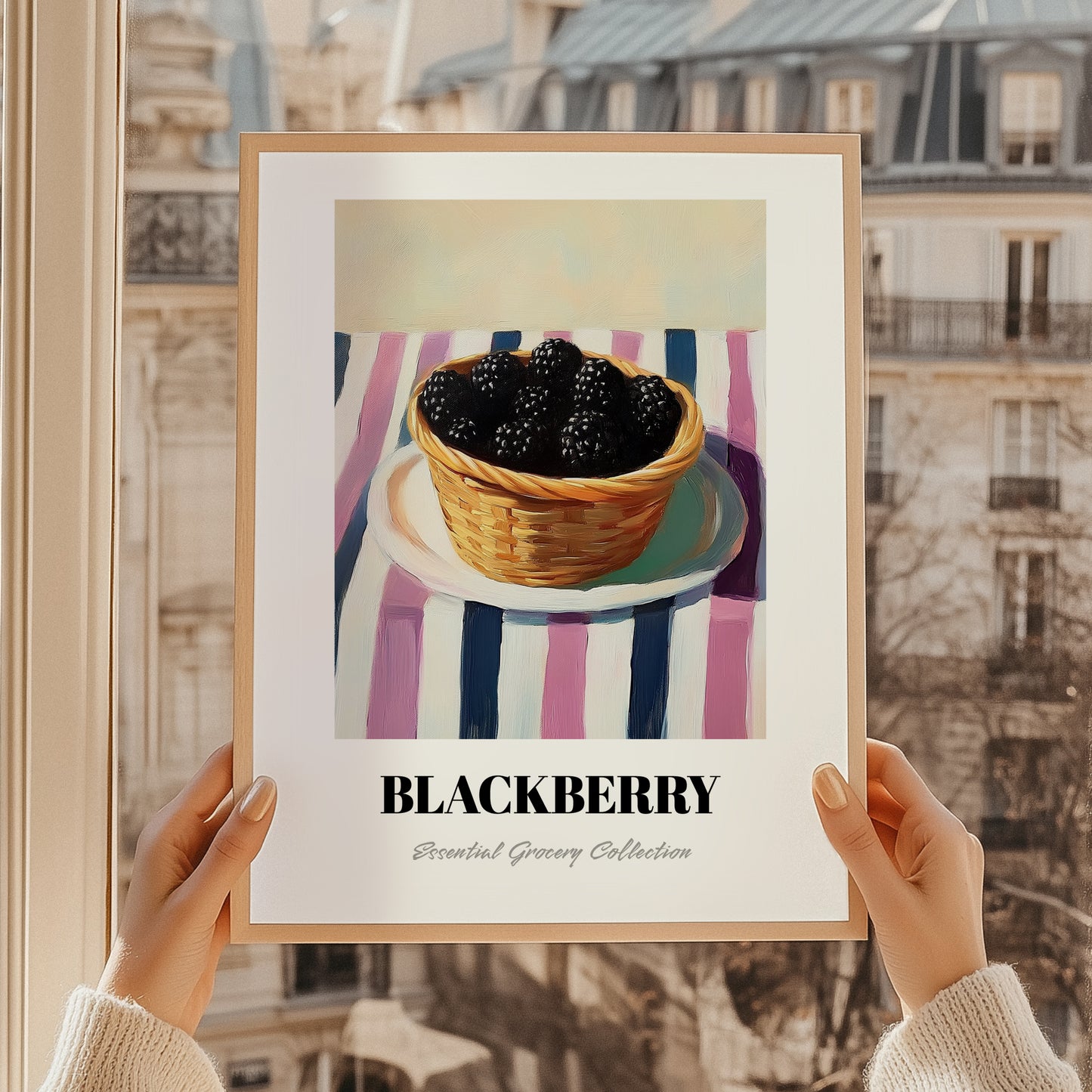Blackberry – on Striped Tablecloth, Berries Poster, styled in a charming Paris street view