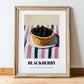 Blackberry – on Striped Tablecloth, Berries Poster, in wooden frame leaning on the floor