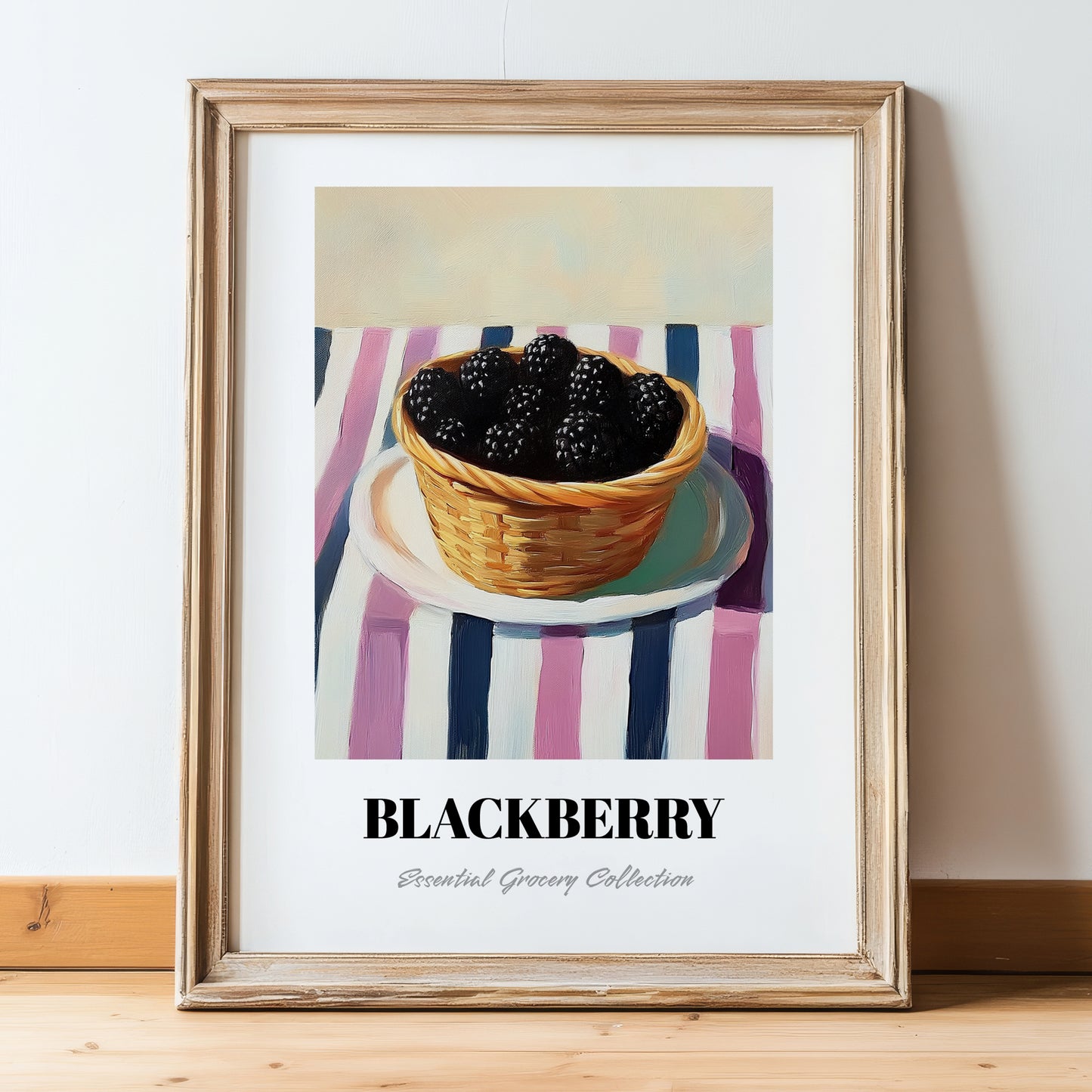 Blackberry – on Striped Tablecloth, Berries Poster, in wooden frame leaning on the floor