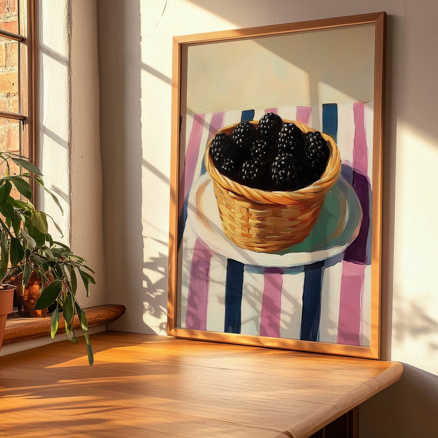 Blackberry – on Striped Tablecloth, Berries Poster, clean layout with no caption