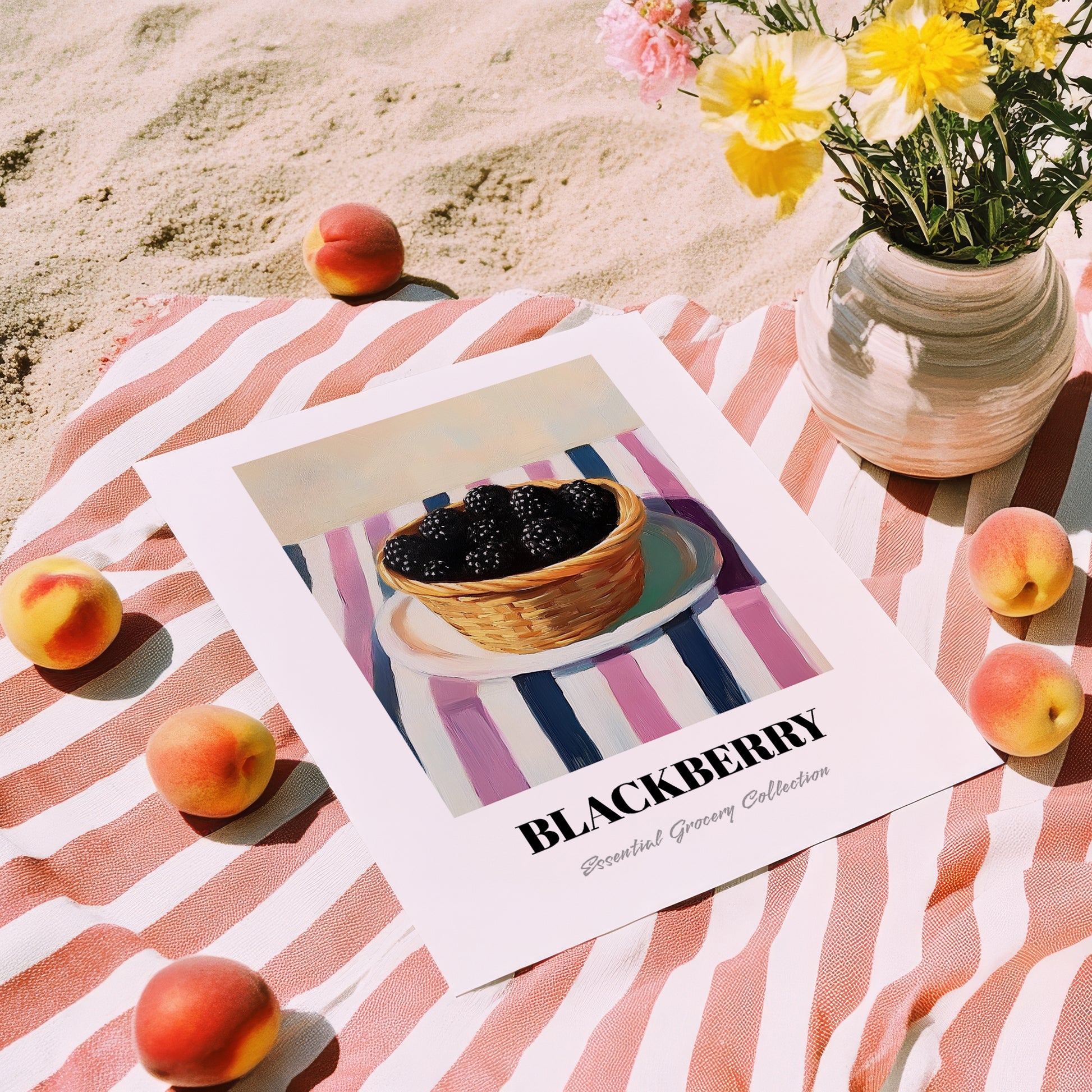 Blackberry – on Striped Tablecloth, Berries Poster, unframed on coastal sand