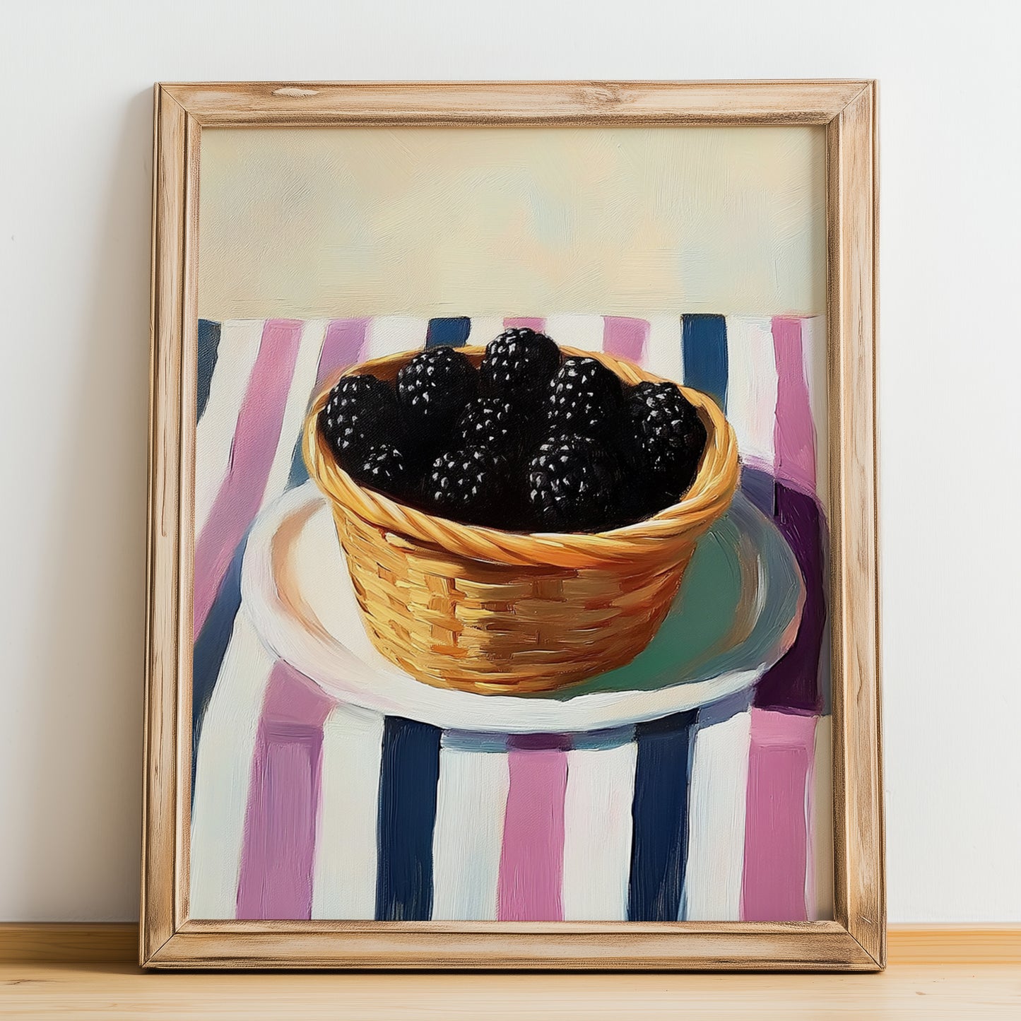 Blackberry – on Striped Tablecloth, Berries Poster, no-text version framed in wood