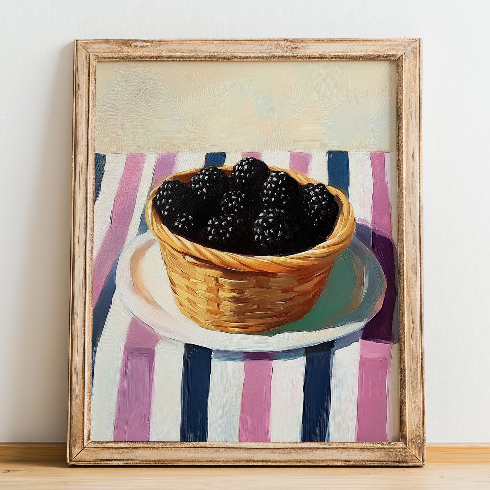 Blackberry – on Striped Tablecloth, Berries Poster, no-text version framed in wood