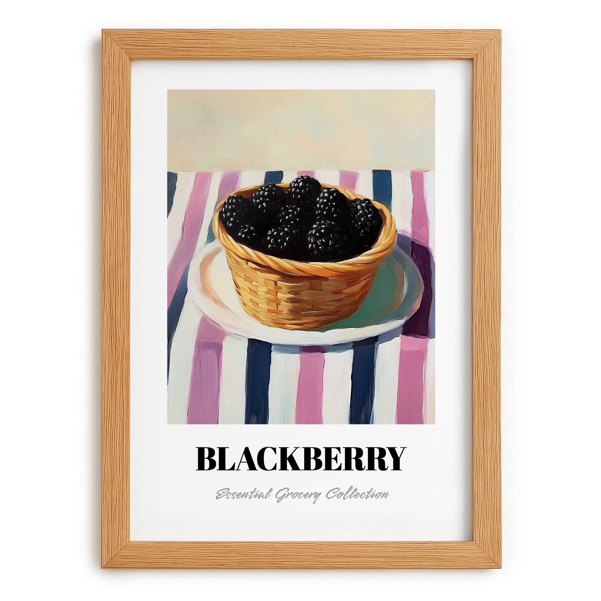 Blackberry – on Striped Tablecloth, Berries Poster, set in oak frame