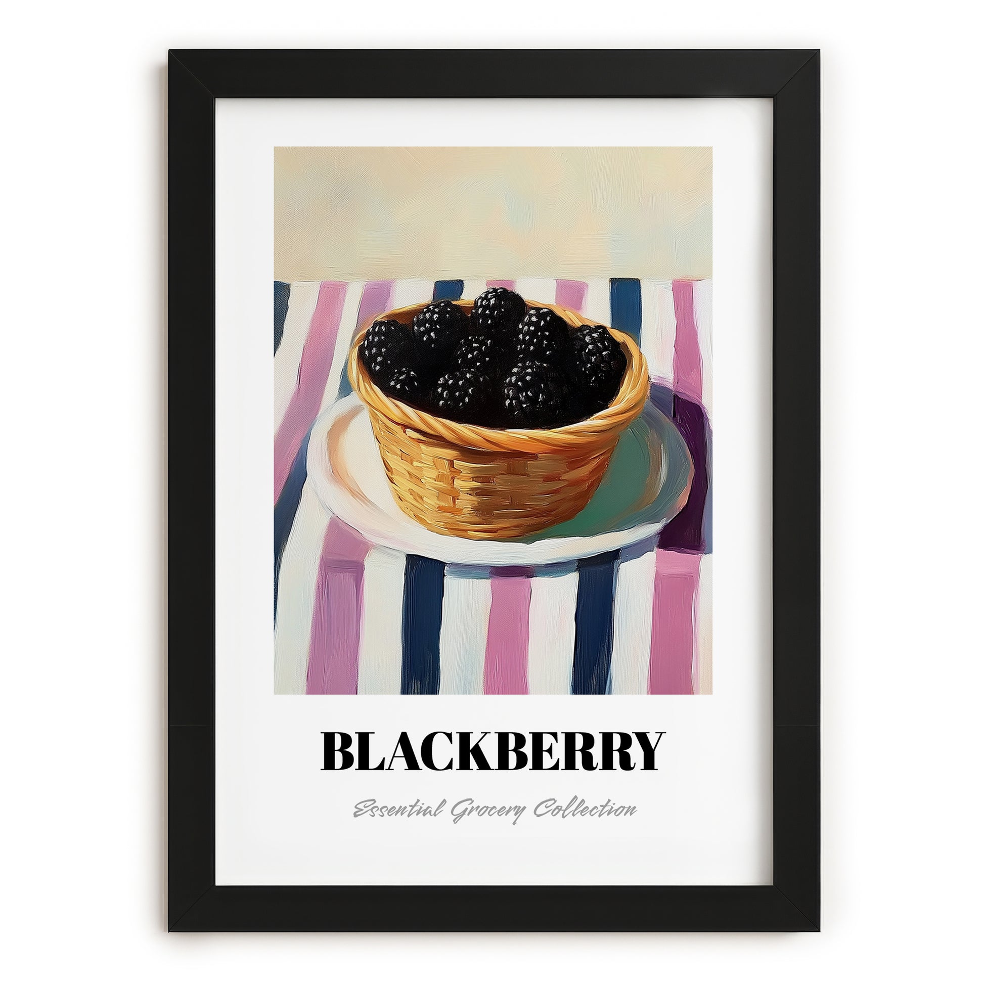 Blackberry – on Striped Tablecloth, Berries Poster, in sleek black frame