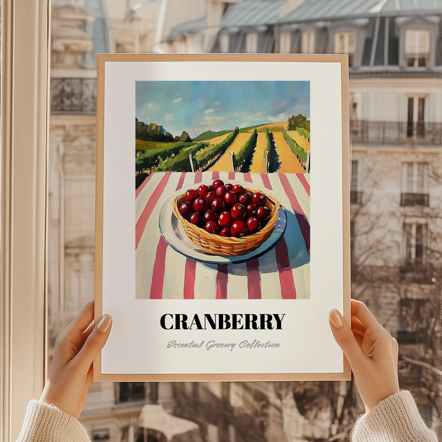 Cranberry – Green Valley Landscape, Berries Still Life, styled in a charming Paris street view