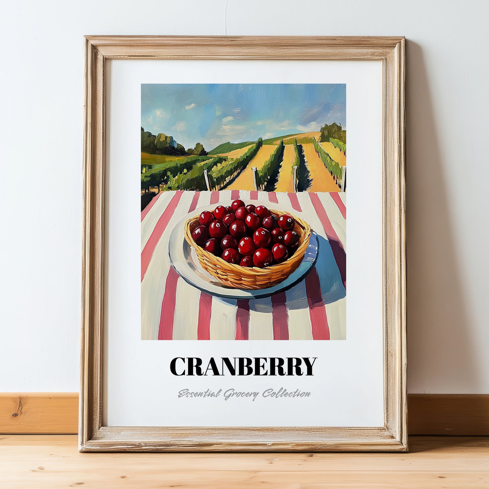 Cranberry – Green Valley Landscape, Berries Still Life, in wooden frame leaning on the floor