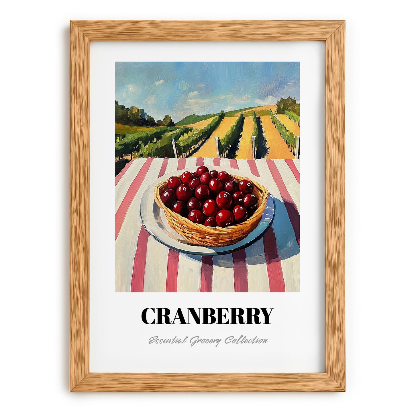 Cranberry – Green Valley Landscape, Berries Still Life, set in oak frame