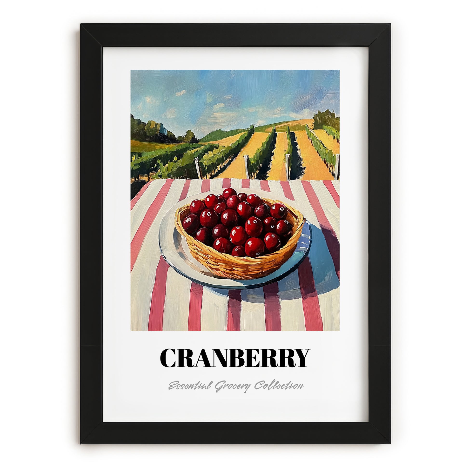 Cranberry – Green Valley Landscape, Berries Still Life, in sleek black frame