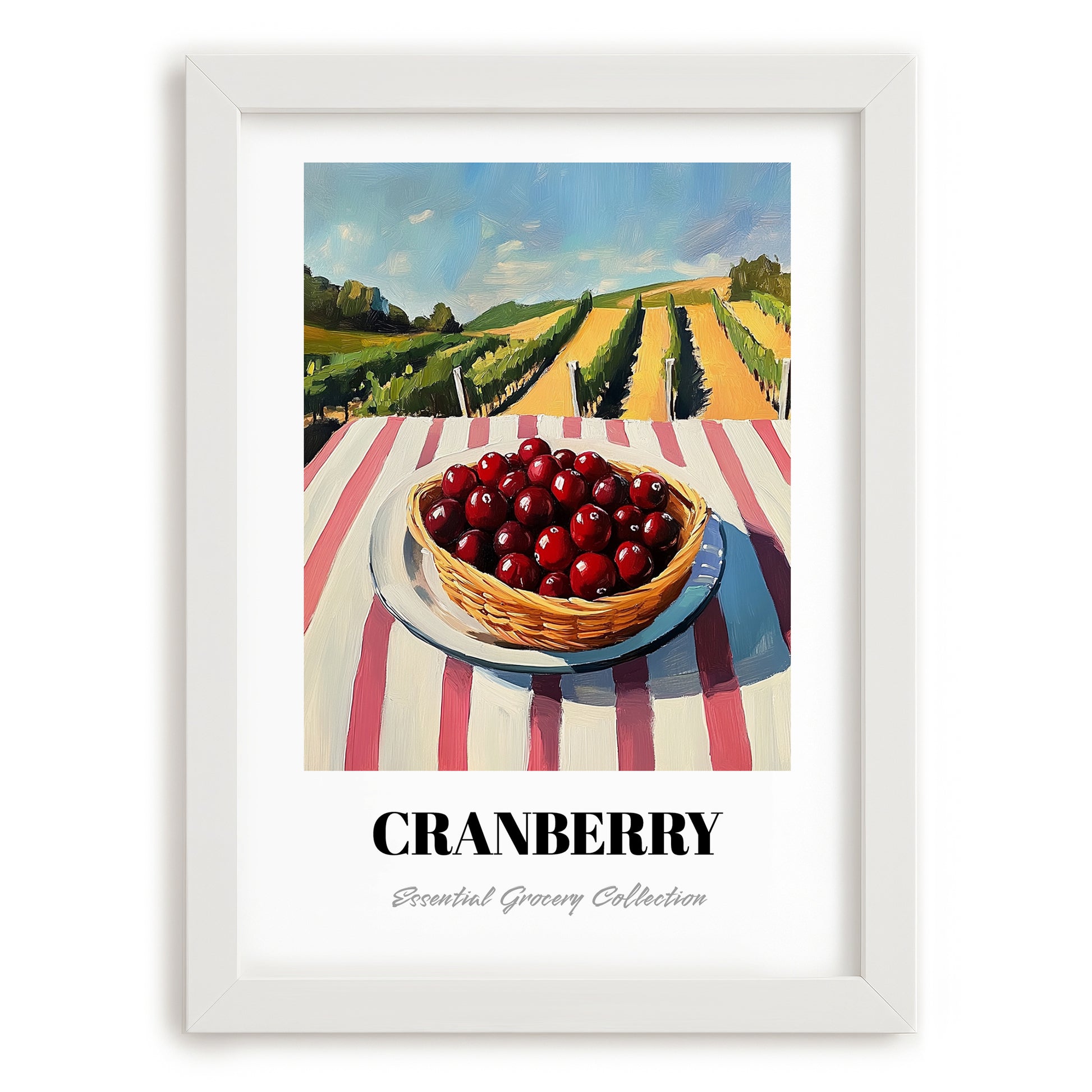 Cranberry – Green Valley Landscape, Berries Still Life, placed in minimal white frame