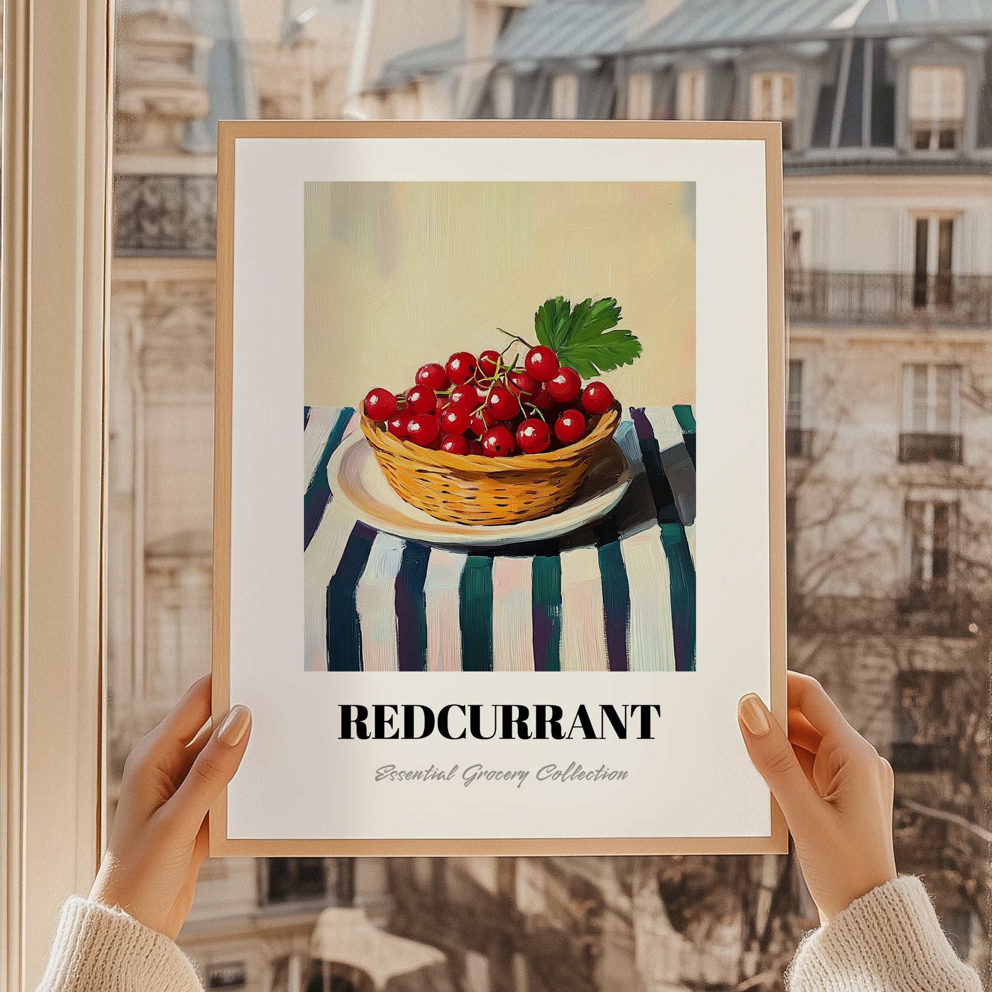 Redcurrant – on Striped Tablecloth, Berries Wall Art, styled in a charming Paris street view