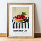 Redcurrant – on Striped Tablecloth, Berries Wall Art, in wooden frame leaning on the floor