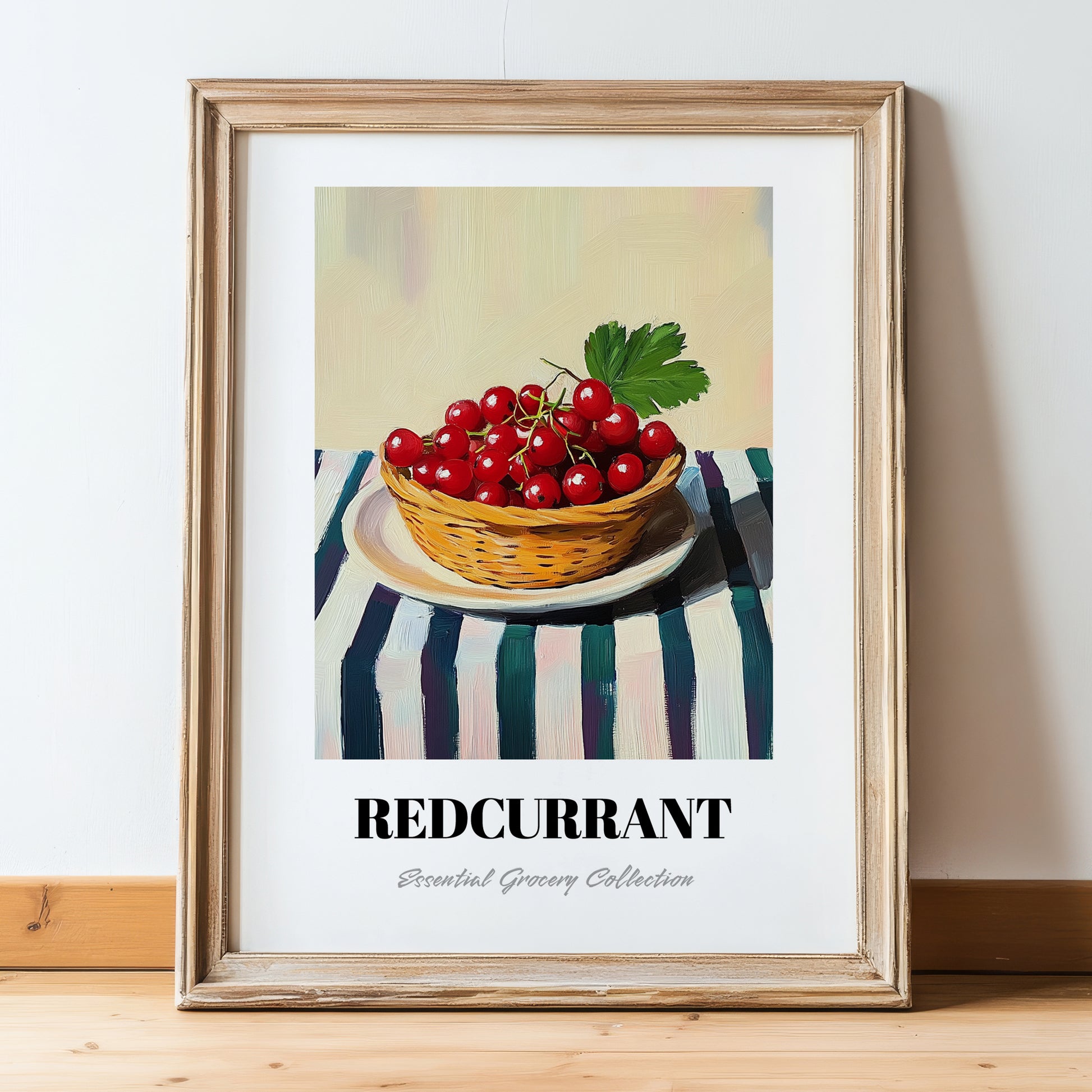 Redcurrant – on Striped Tablecloth, Berries Wall Art, in wooden frame leaning on the floor