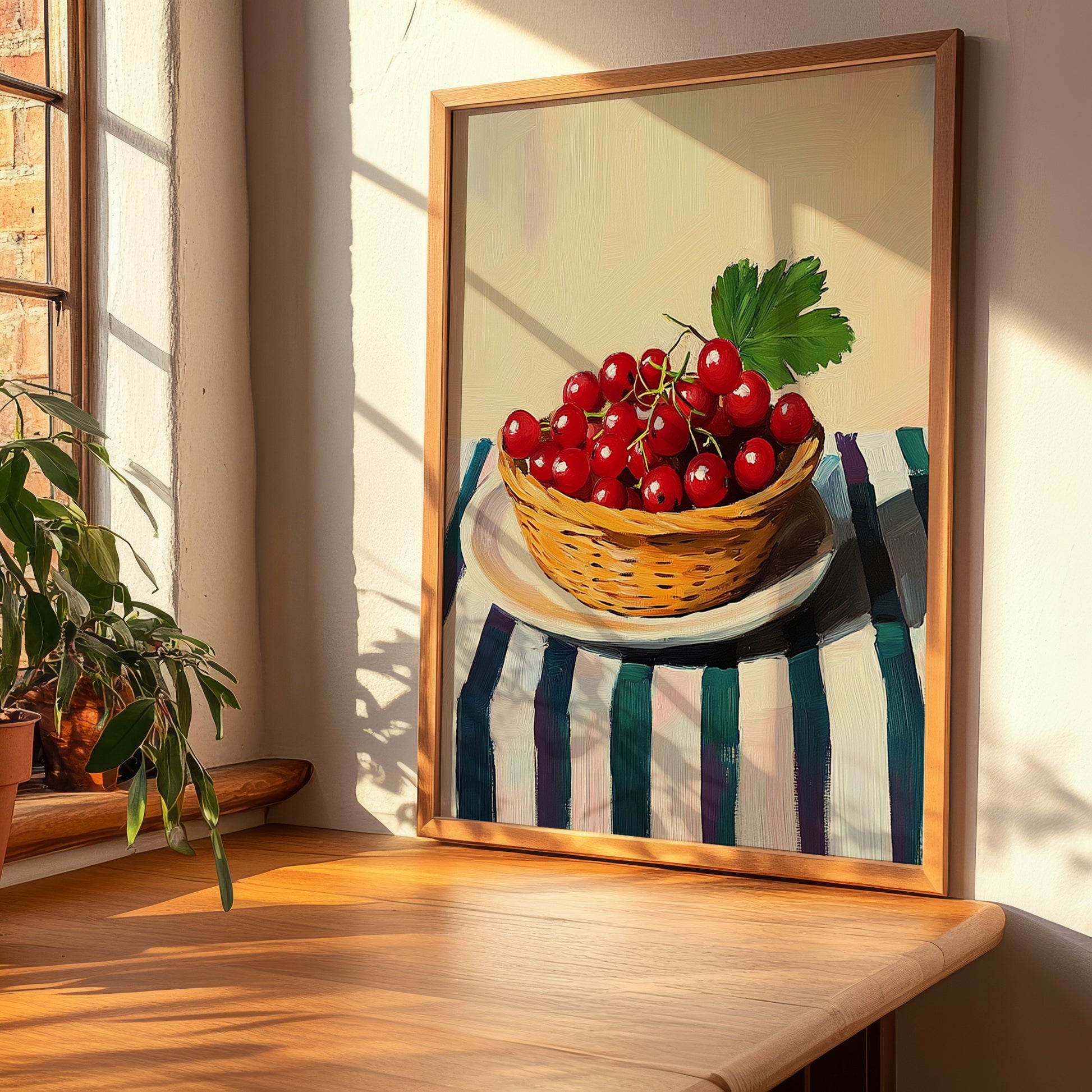 Redcurrant – on Striped Tablecloth, Berries Wall Art, clean layout with no caption