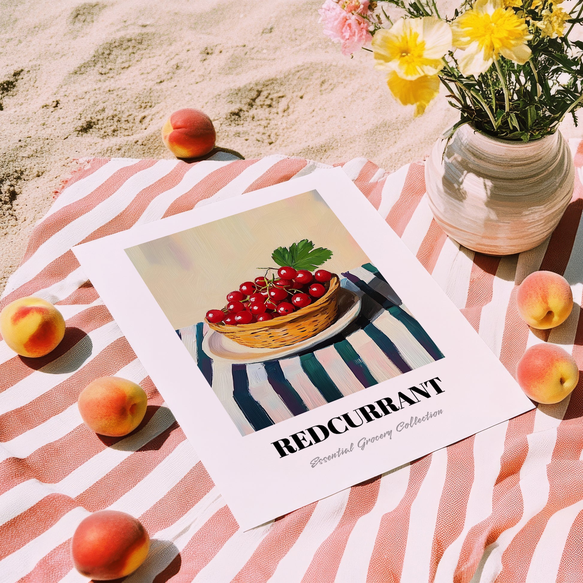 Redcurrant – on Striped Tablecloth, Berries Wall Art, unframed on coastal sand