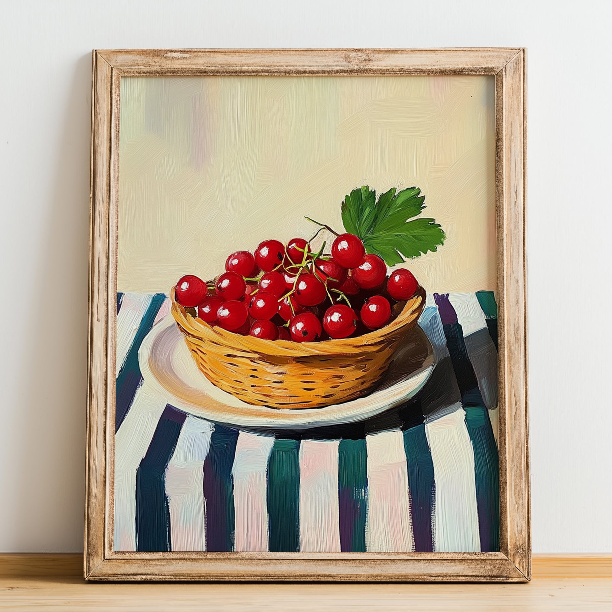 Redcurrant – on Striped Tablecloth, Berries Wall Art, no-text version framed in wood