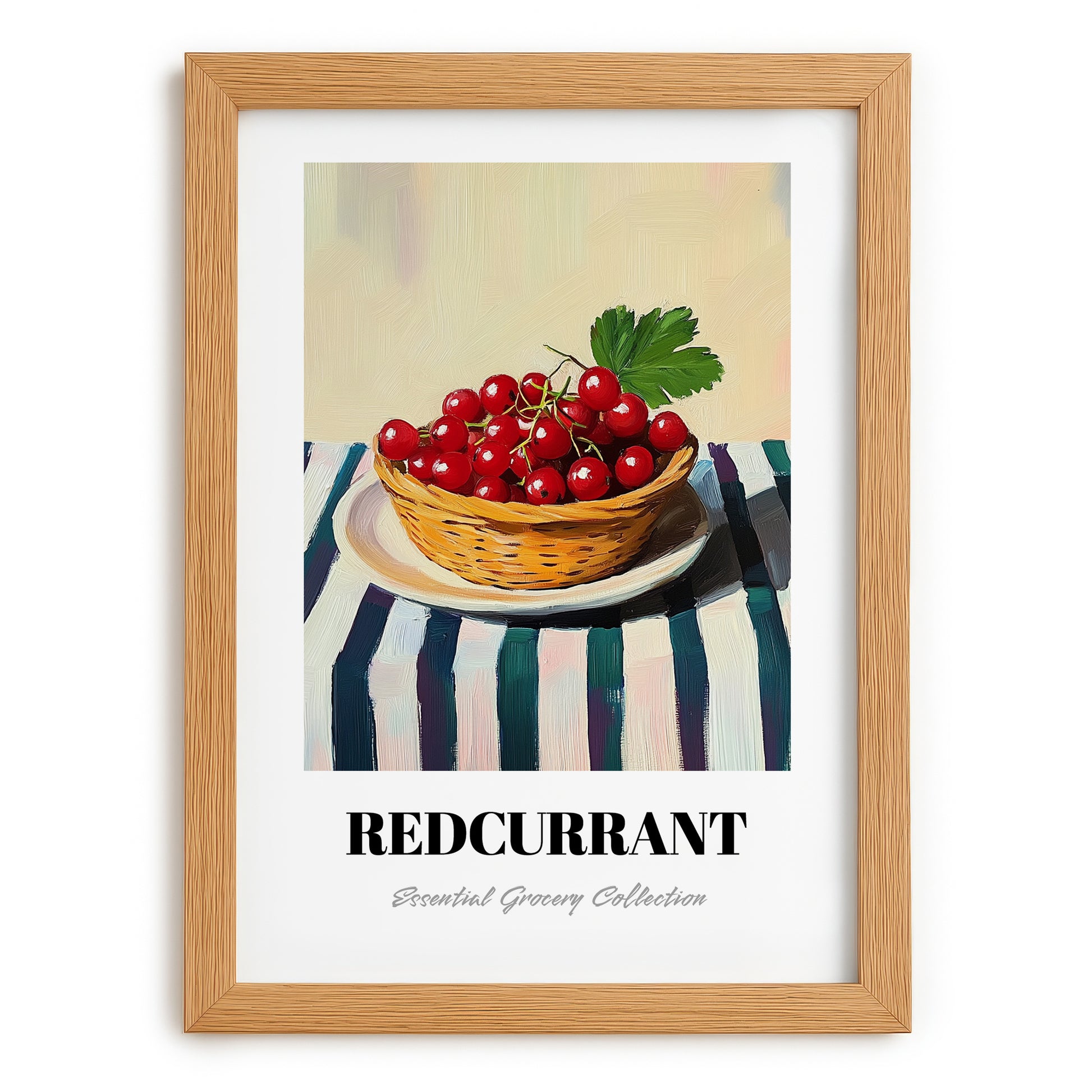 Redcurrant – on Striped Tablecloth, Berries Wall Art, set in oak frame