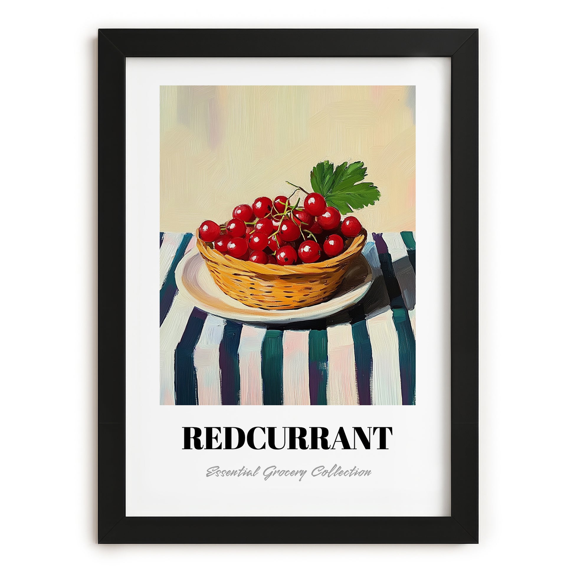 Redcurrant – on Striped Tablecloth, Berries Wall Art, in sleek black frame