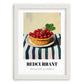 Redcurrant – on Striped Tablecloth, Berries Wall Art, placed in minimal white frame