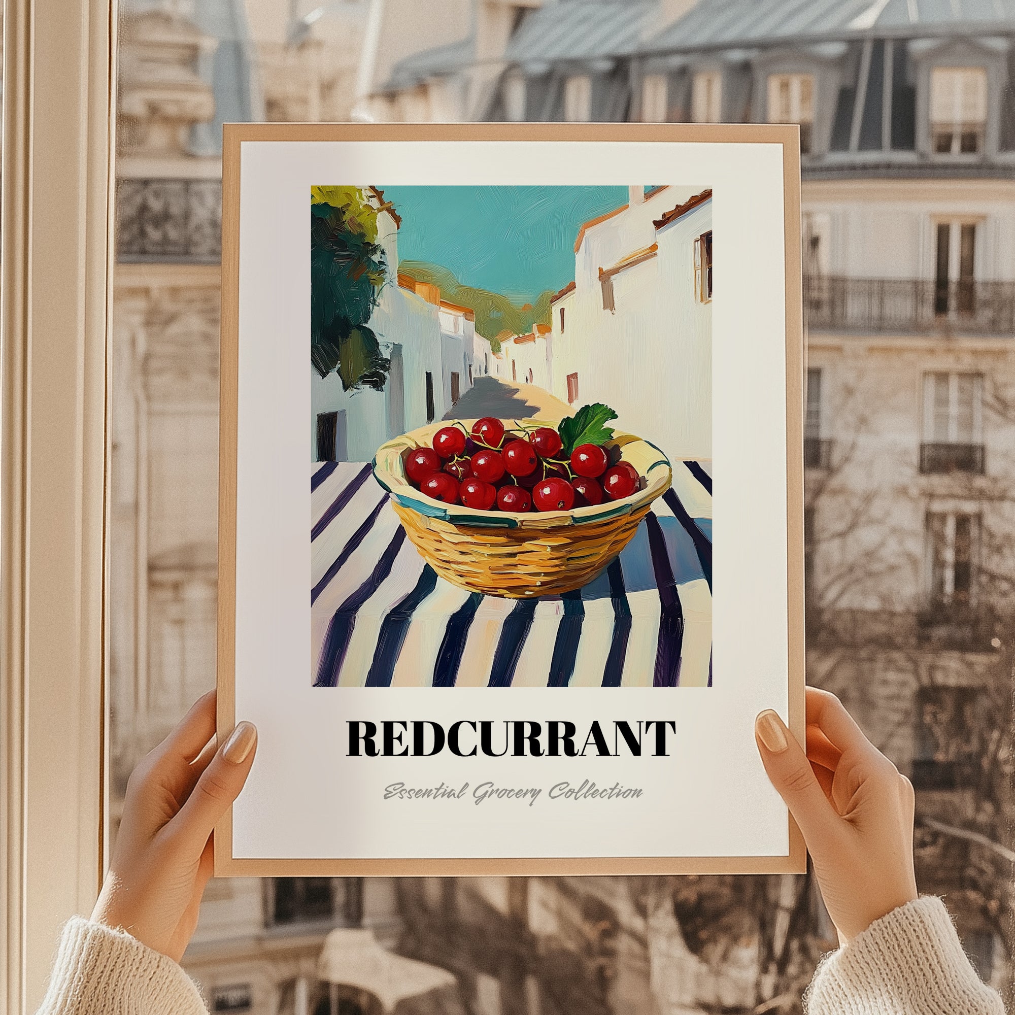 Redcurrant – White village Street Café Scene, Berries Still Life, styled in a charming Paris street view
