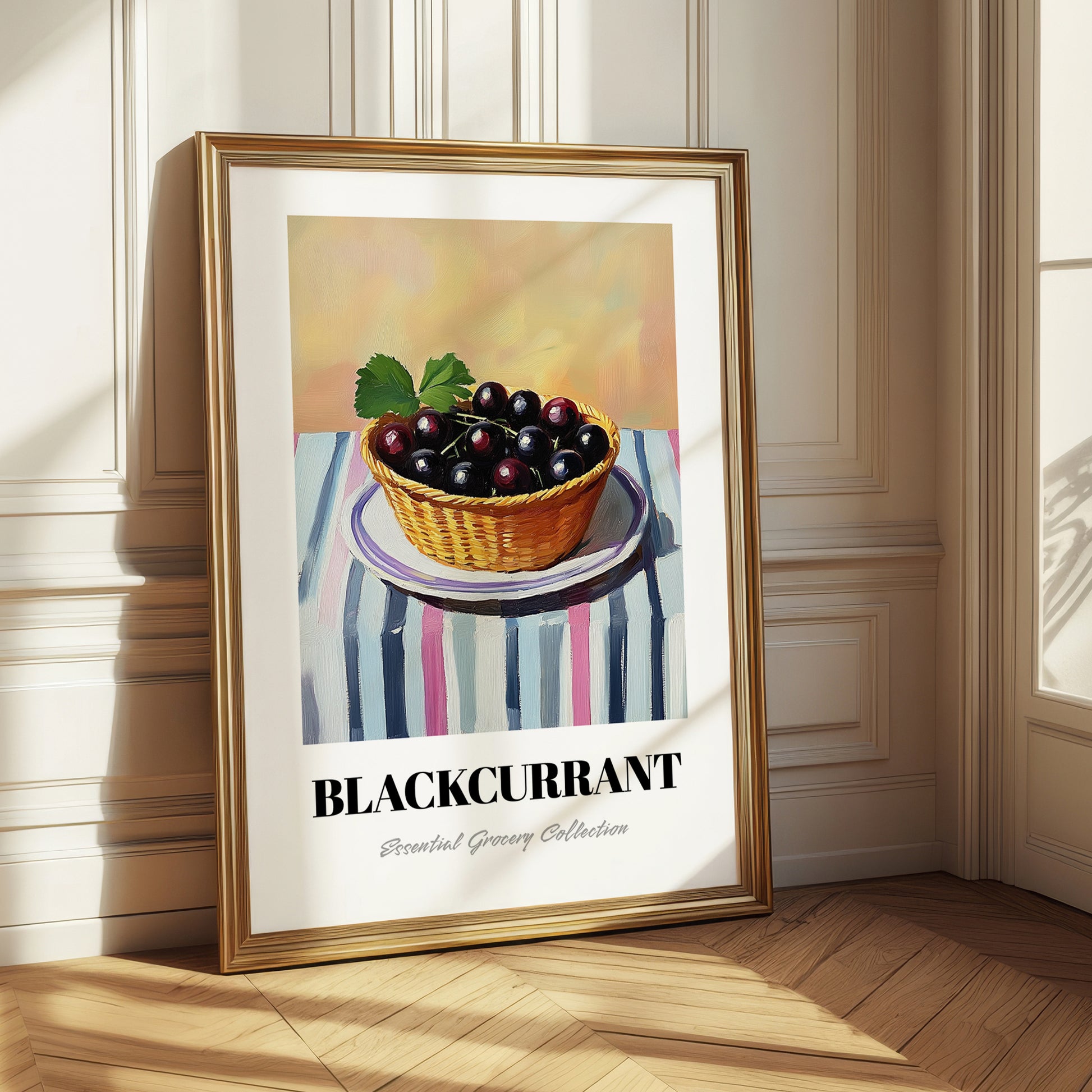 Blackcurrant – on Striped Tablecloth, Berries Painting