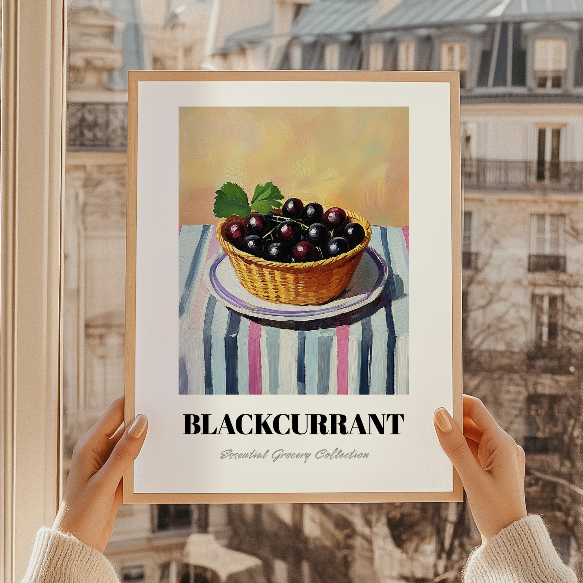 Blackcurrant – on Striped Tablecloth, Berries Painting, styled in a charming Paris street view