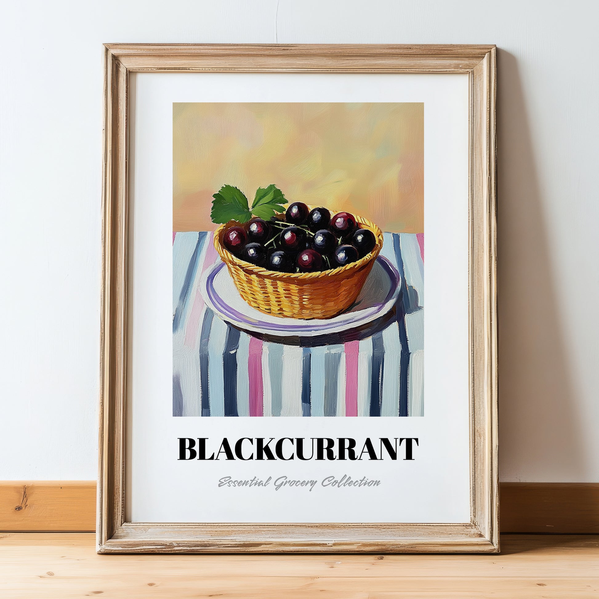 Blackcurrant – on Striped Tablecloth, Berries Painting, in wooden frame leaning on the floor