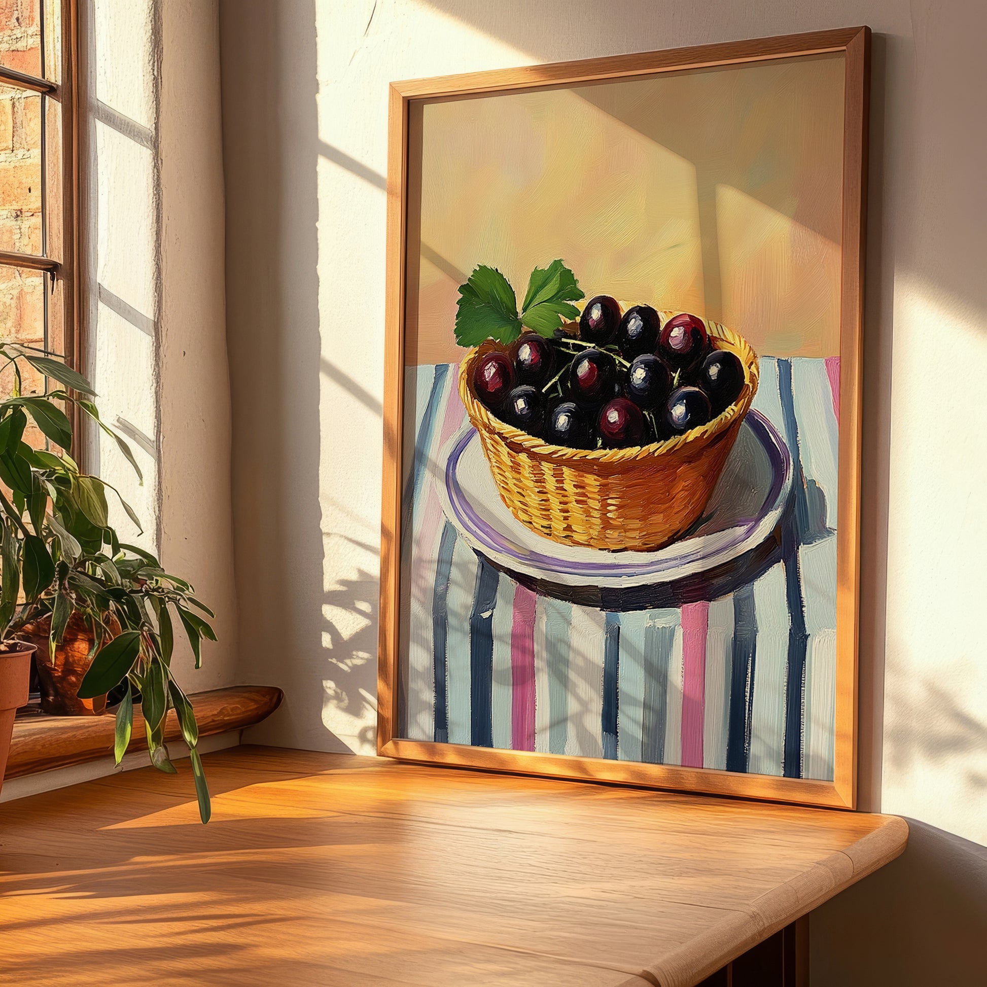Blackcurrant – on Striped Tablecloth, Berries Painting, clean layout with no caption