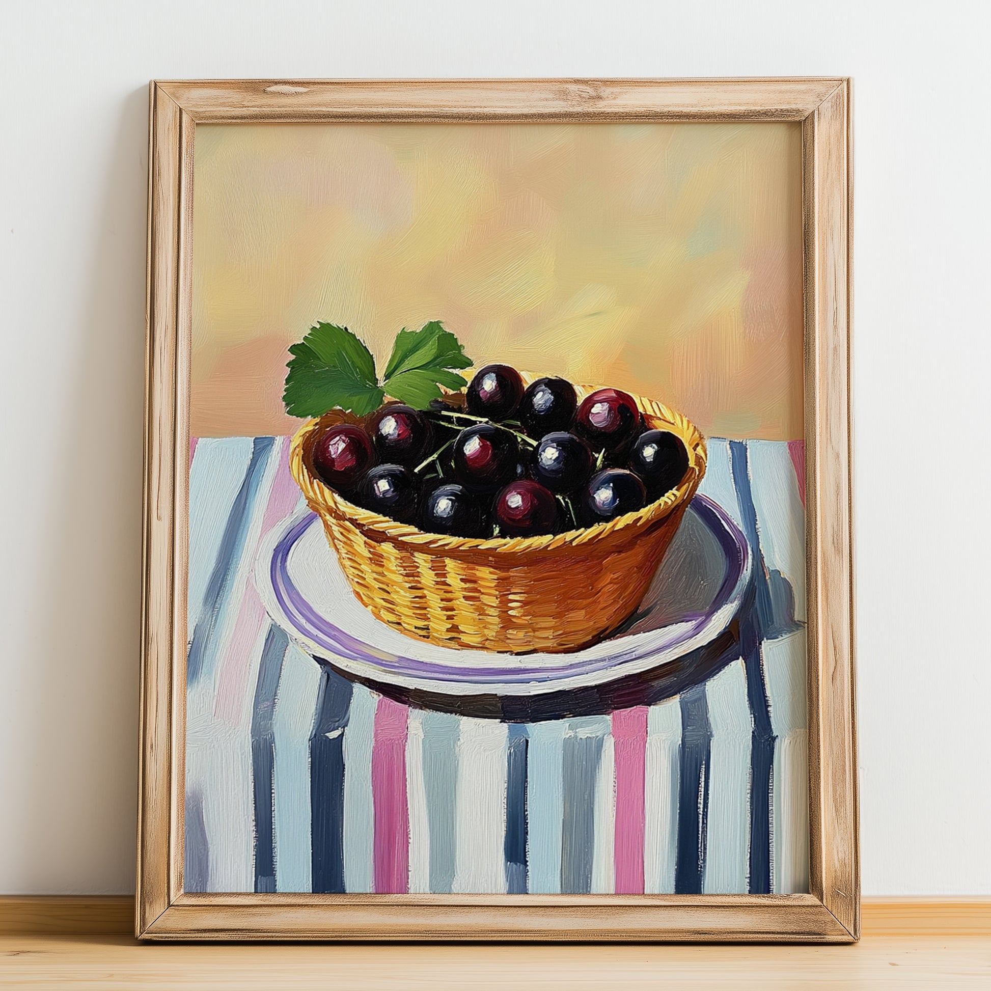 Blackcurrant – on Striped Tablecloth, Berries Painting, no-text version framed in wood