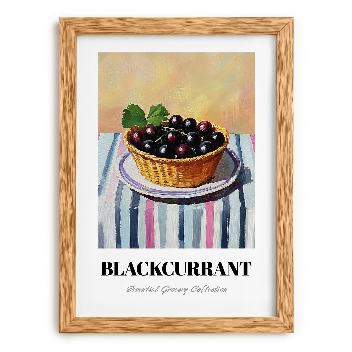 Blackcurrant – on Striped Tablecloth, Berries Painting, set in oak frame