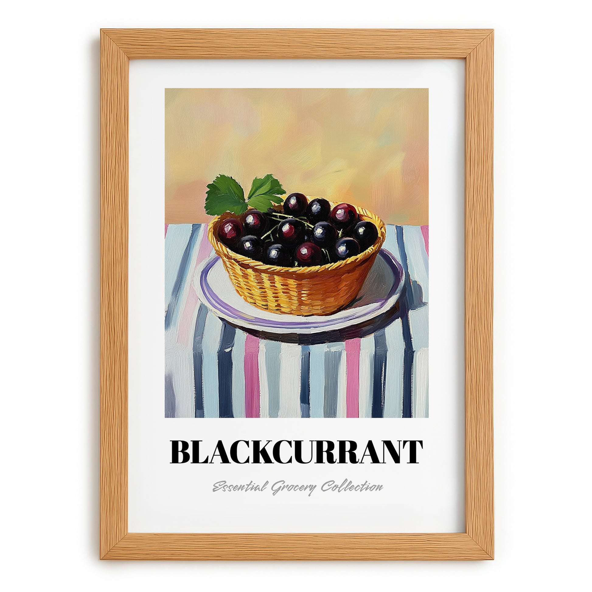 Blackcurrant – on Striped Tablecloth, Berries Painting, set in oak frame