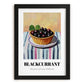 Blackcurrant – on Striped Tablecloth, Berries Painting, in sleek black frame