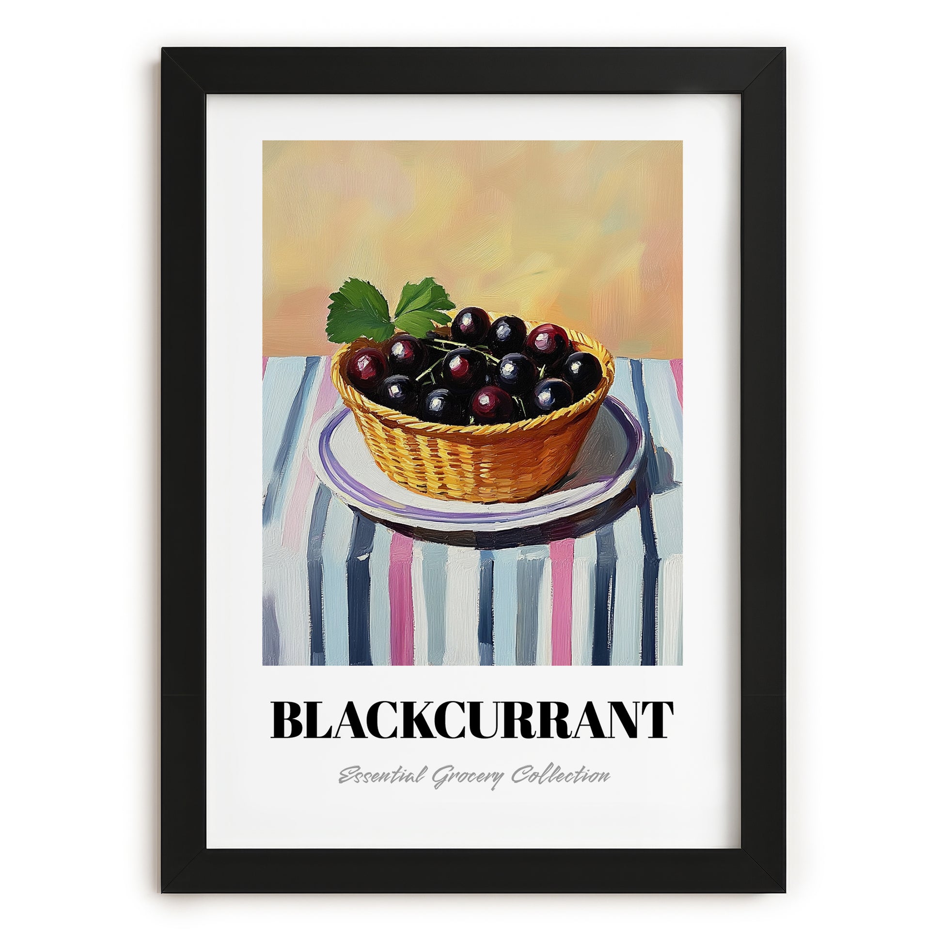 Blackcurrant – on Striped Tablecloth, Berries Painting, in sleek black frame