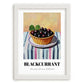 Blackcurrant – on Striped Tablecloth, Berries Painting, placed in minimal white frame