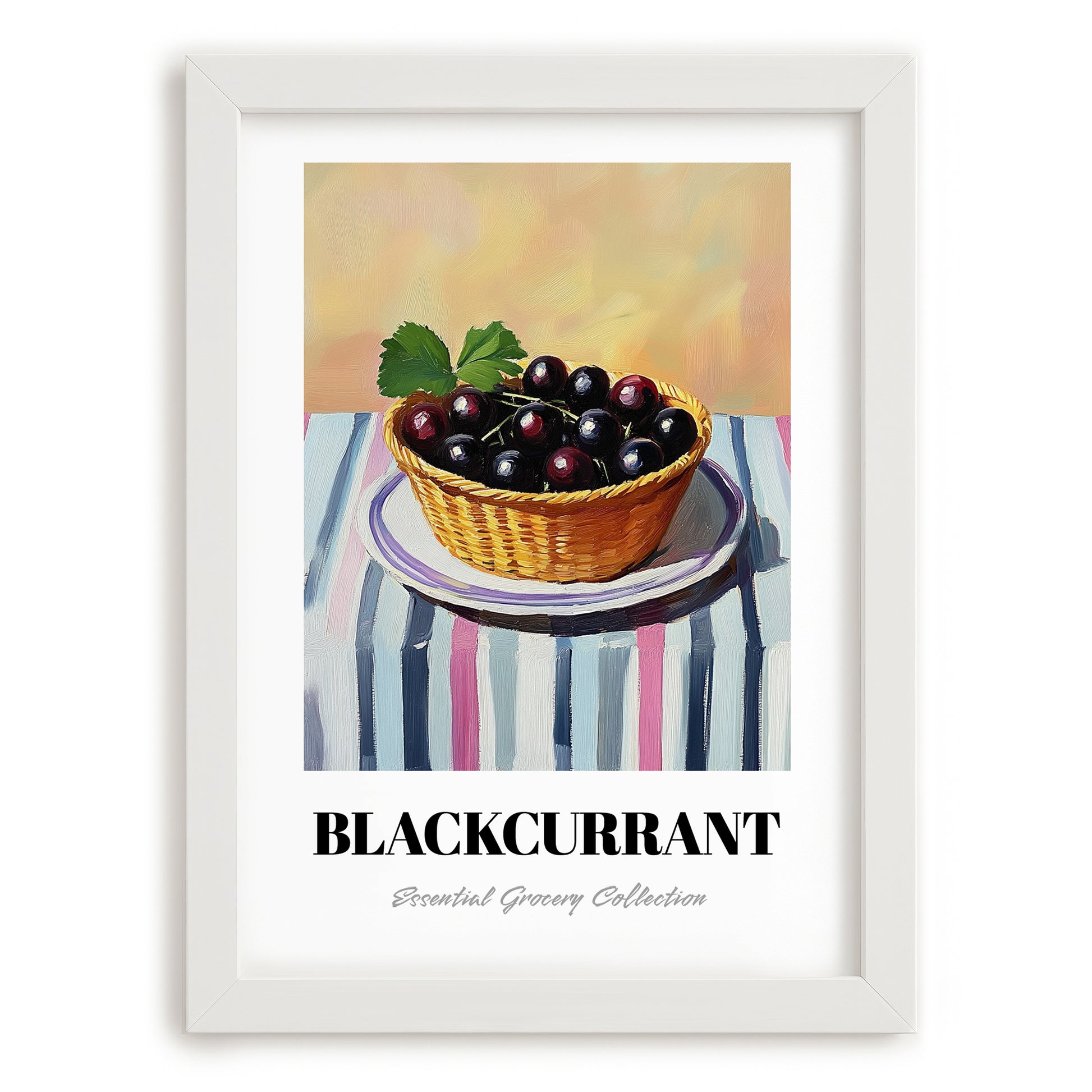 Blackcurrant – on Striped Tablecloth, Berries Painting, placed in minimal white frame