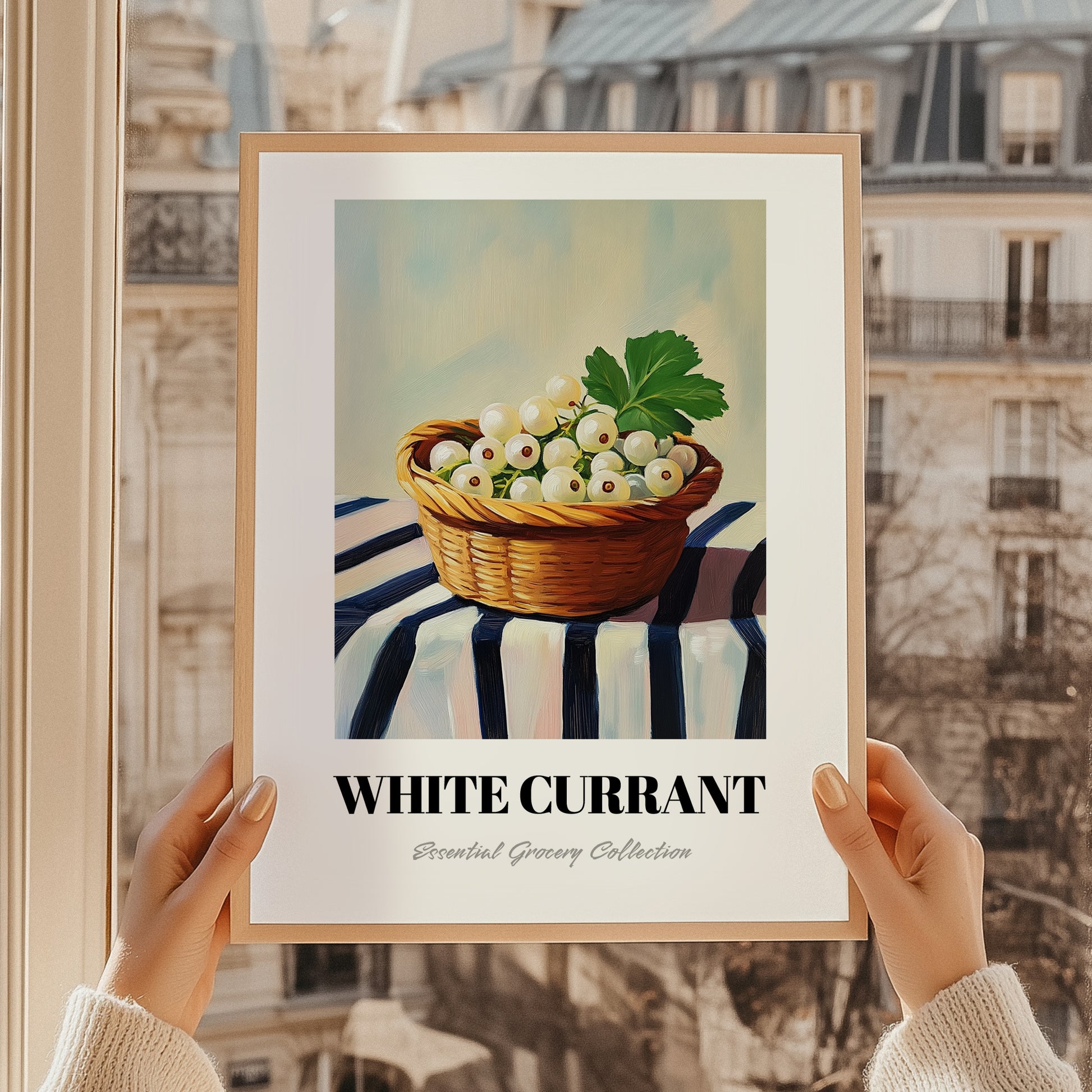 White Currant – on Striped Tablecloth, Berries Painting, styled in a charming Paris street view
