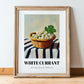 White Currant – on Striped Tablecloth, Berries Painting, in wooden frame leaning on the floor