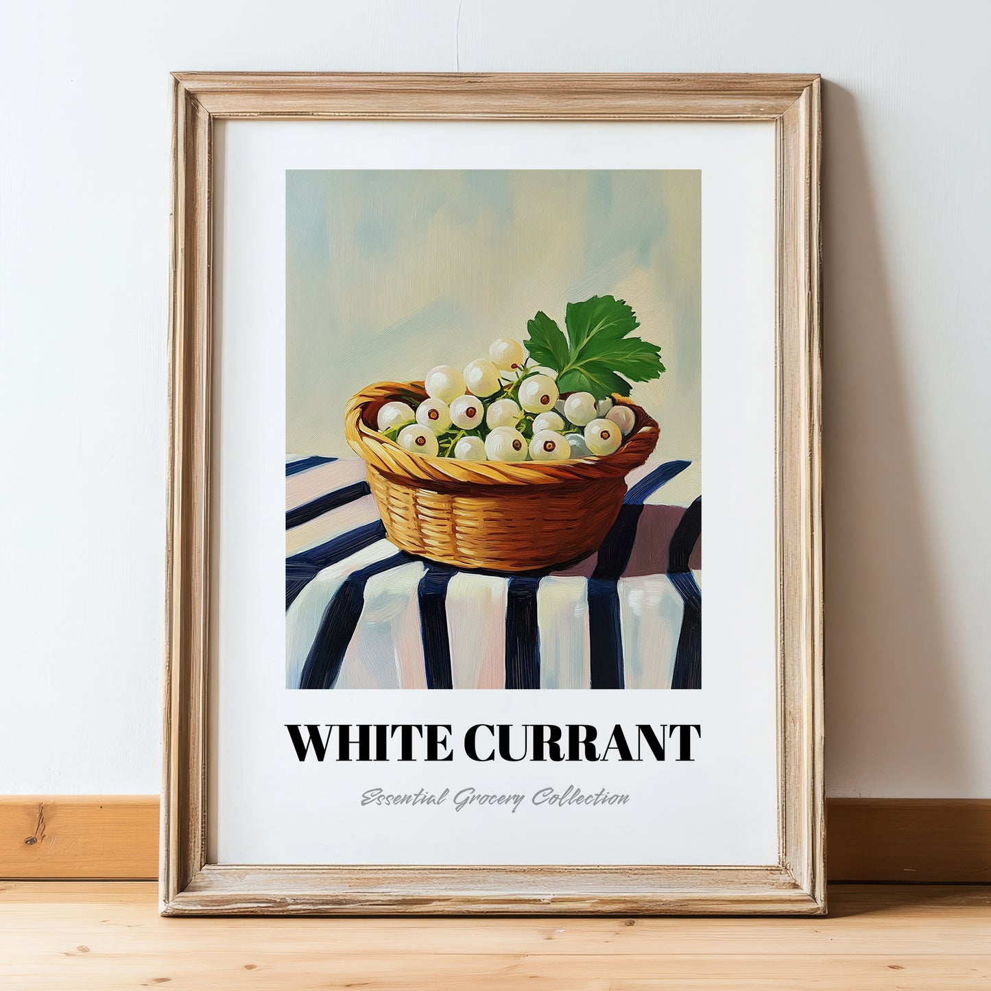 White Currant – on Striped Tablecloth, Berries Painting, in wooden frame leaning on the floor