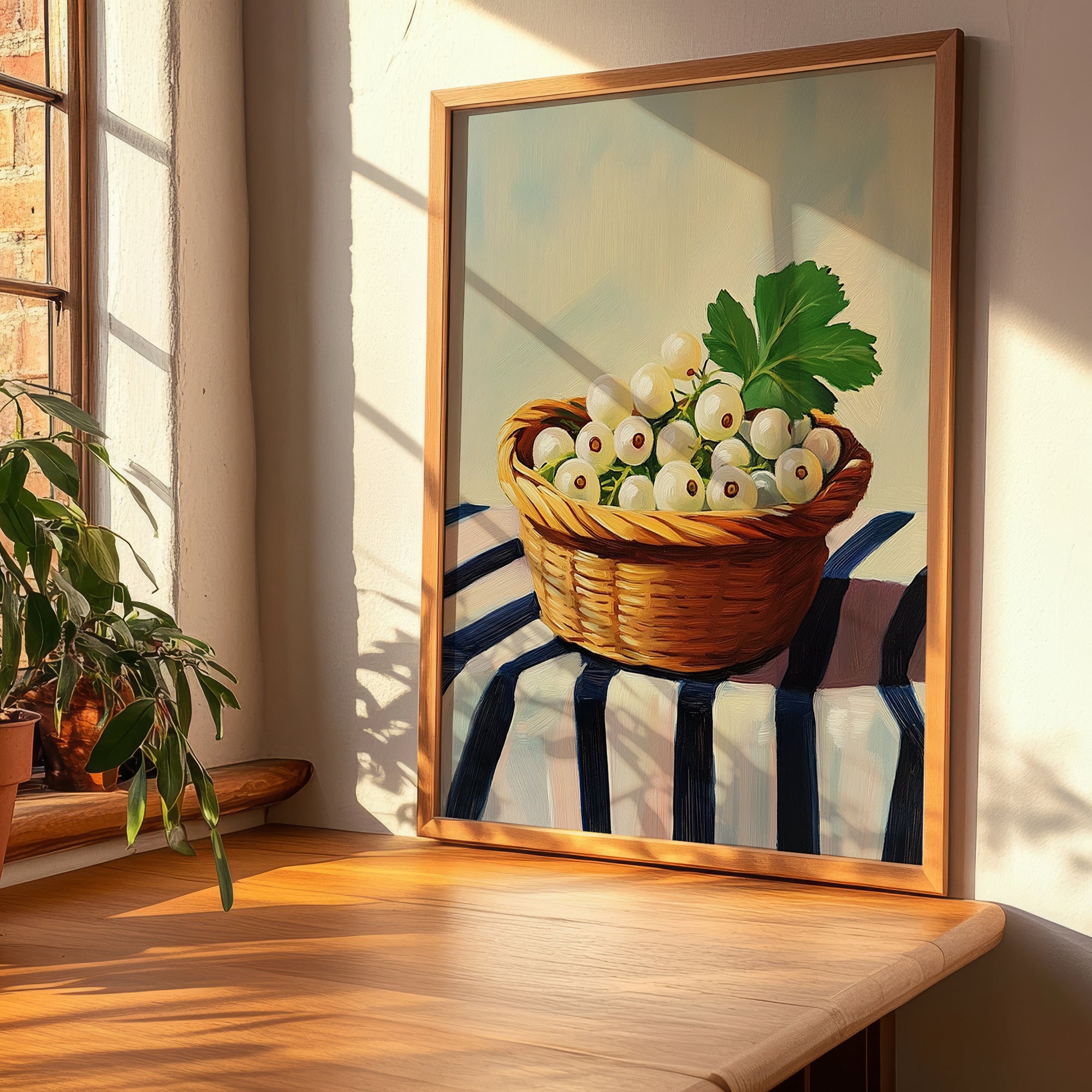 White Currant – on Striped Tablecloth, Berries Painting, clean layout with no caption