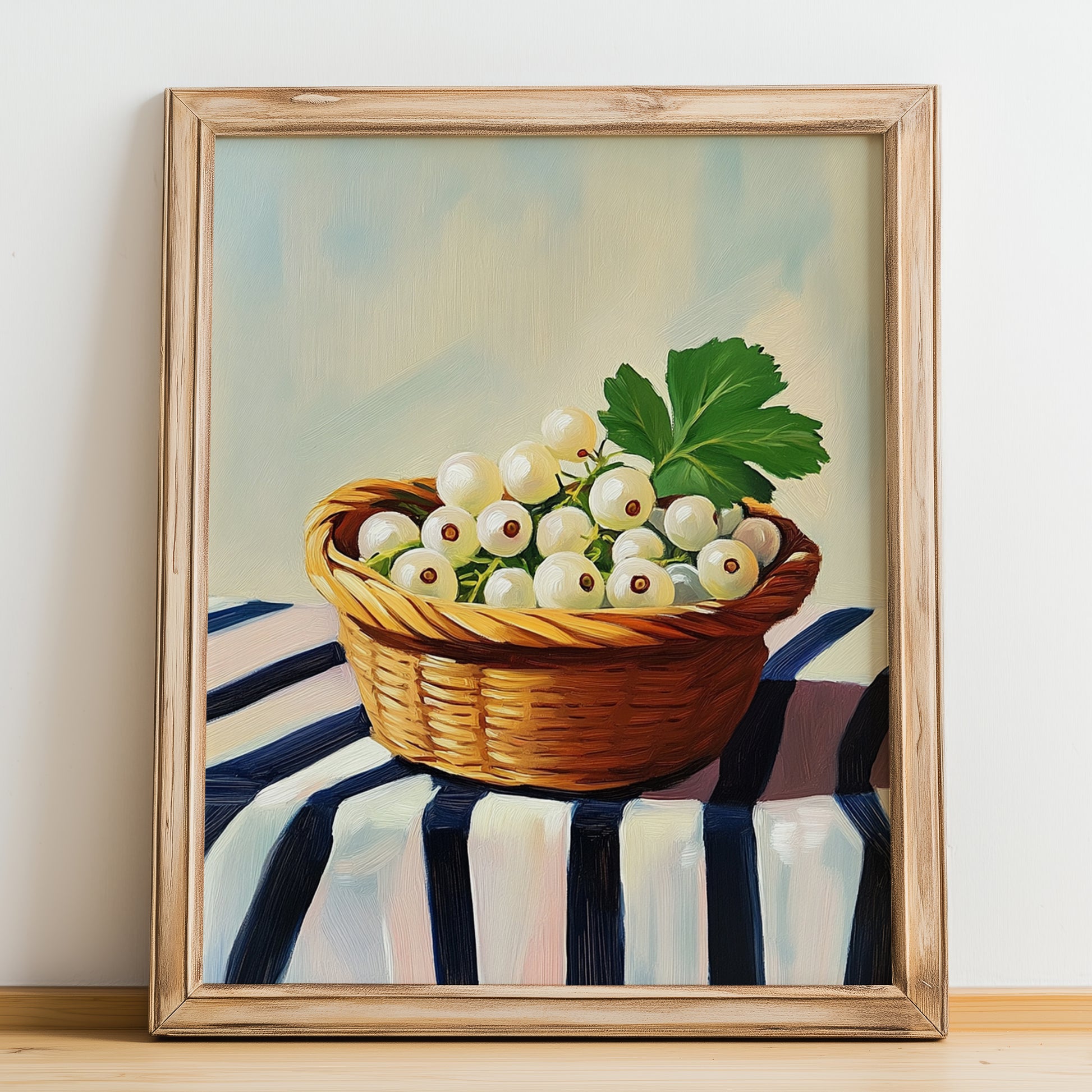 White Currant – on Striped Tablecloth, Berries Painting, no-text version framed in wood