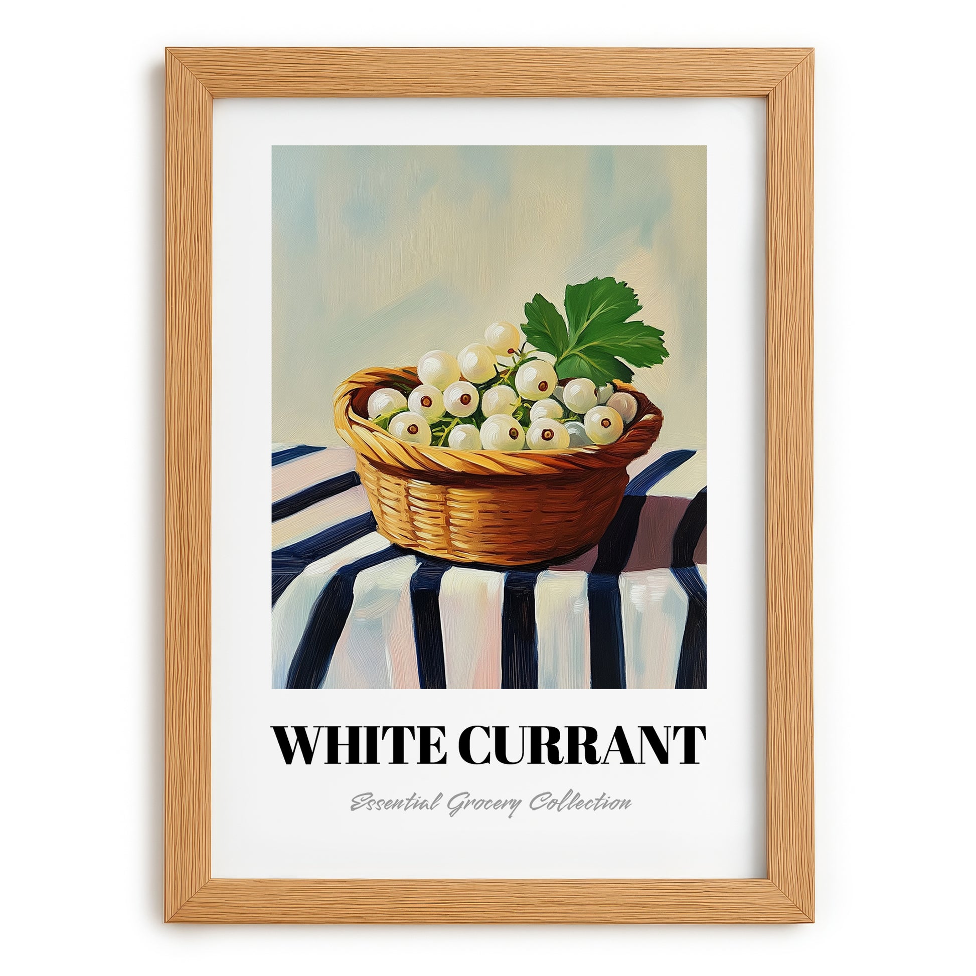 White Currant – on Striped Tablecloth, Berries Painting, set in oak frame