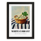 White Currant – on Striped Tablecloth, Berries Painting, in sleek black frame