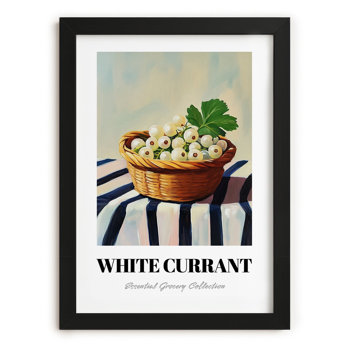 White Currant – on Striped Tablecloth, Berries Painting, in sleek black frame